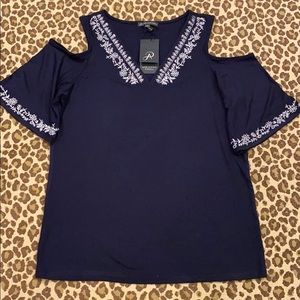 Navy Blue Knit Cold Shoulder Top Size Small